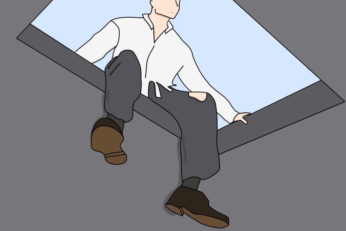 An illustration of a man sitting on a broken ceiling opening with the sky in the background.