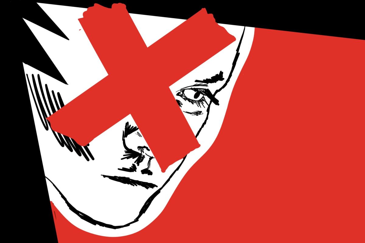 A person with a red "X" over one eye