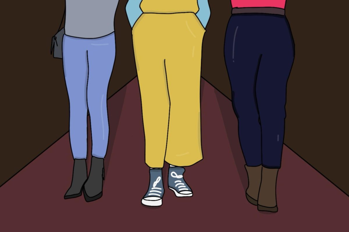 An illustration of the legs of three women standing in a hallway; one wears blue pants and grey boots, one wears yellow overalls and blue sneakers and one wears blue jeans and brown boots.