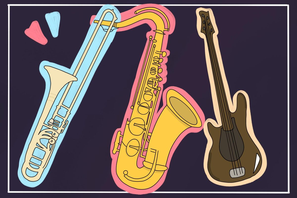 Three instruments in front of a dark background