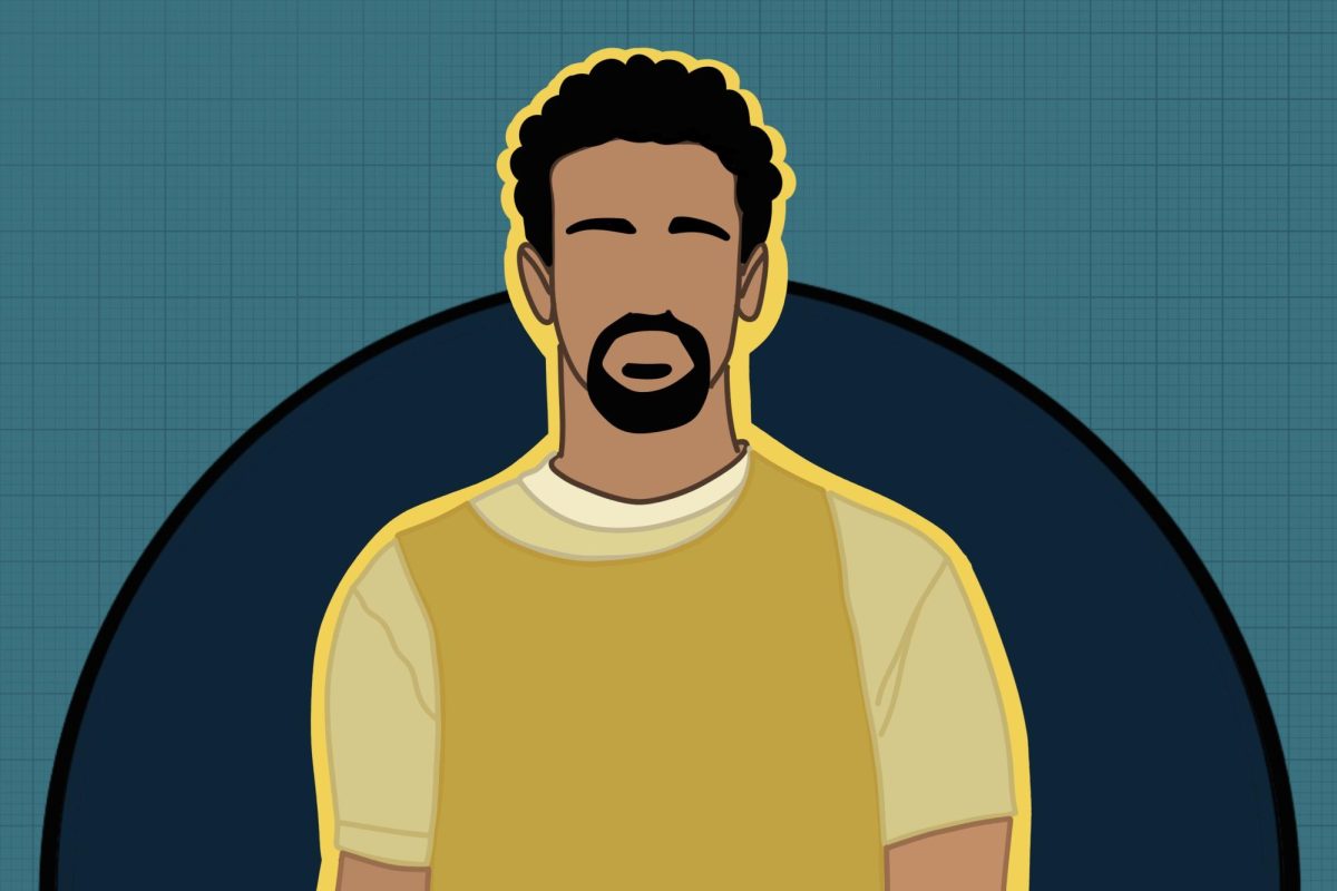 An illustration of a person wearing a yellow shirt on a background of a blue circle and grid lines.