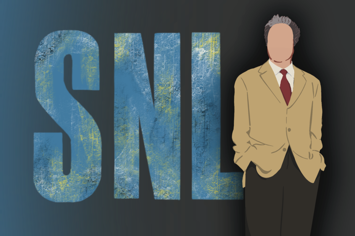 A person in a suit standing in front of letters.