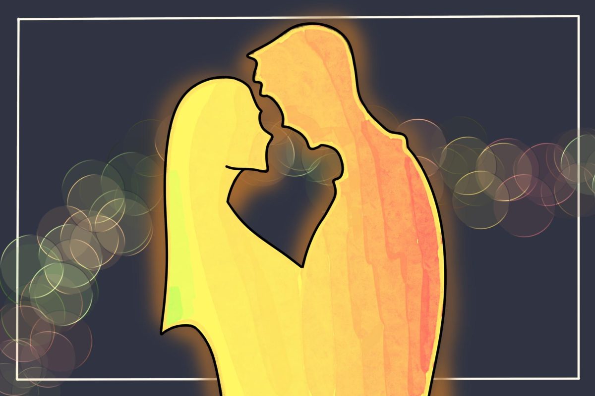 A glowing yellow couple facing each other.