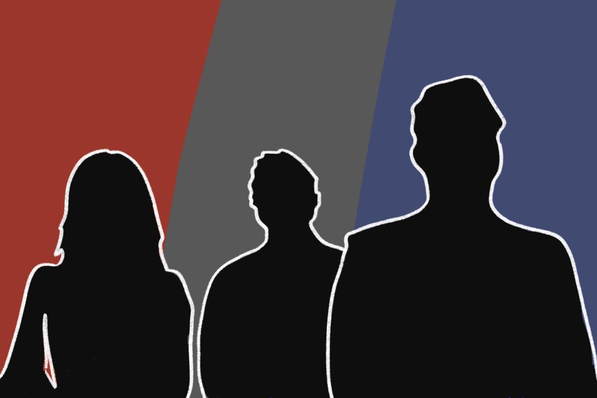 Three silhouettes outlined in white stand side by side; a person with a red background, another with a gray background and another with a navy blue background.