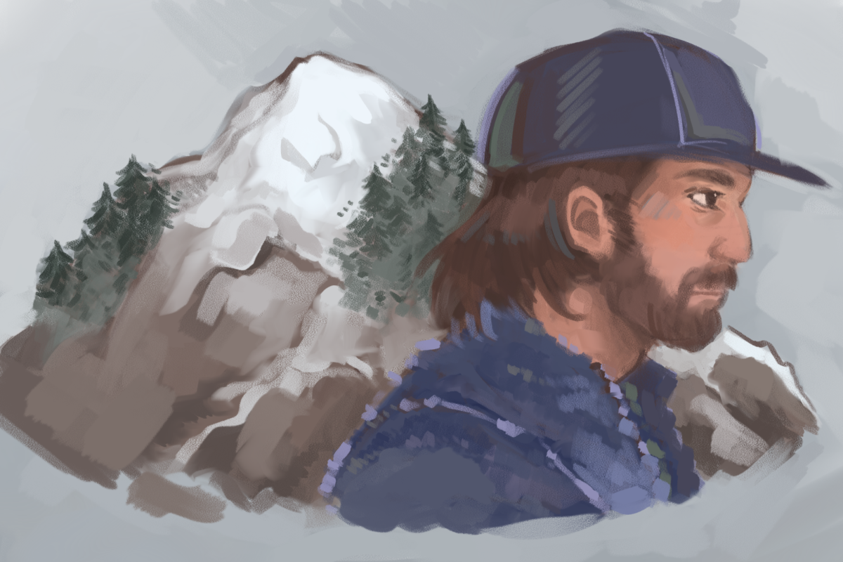 An illustration of a side portrait of a person facing to the right in front of a mountain.