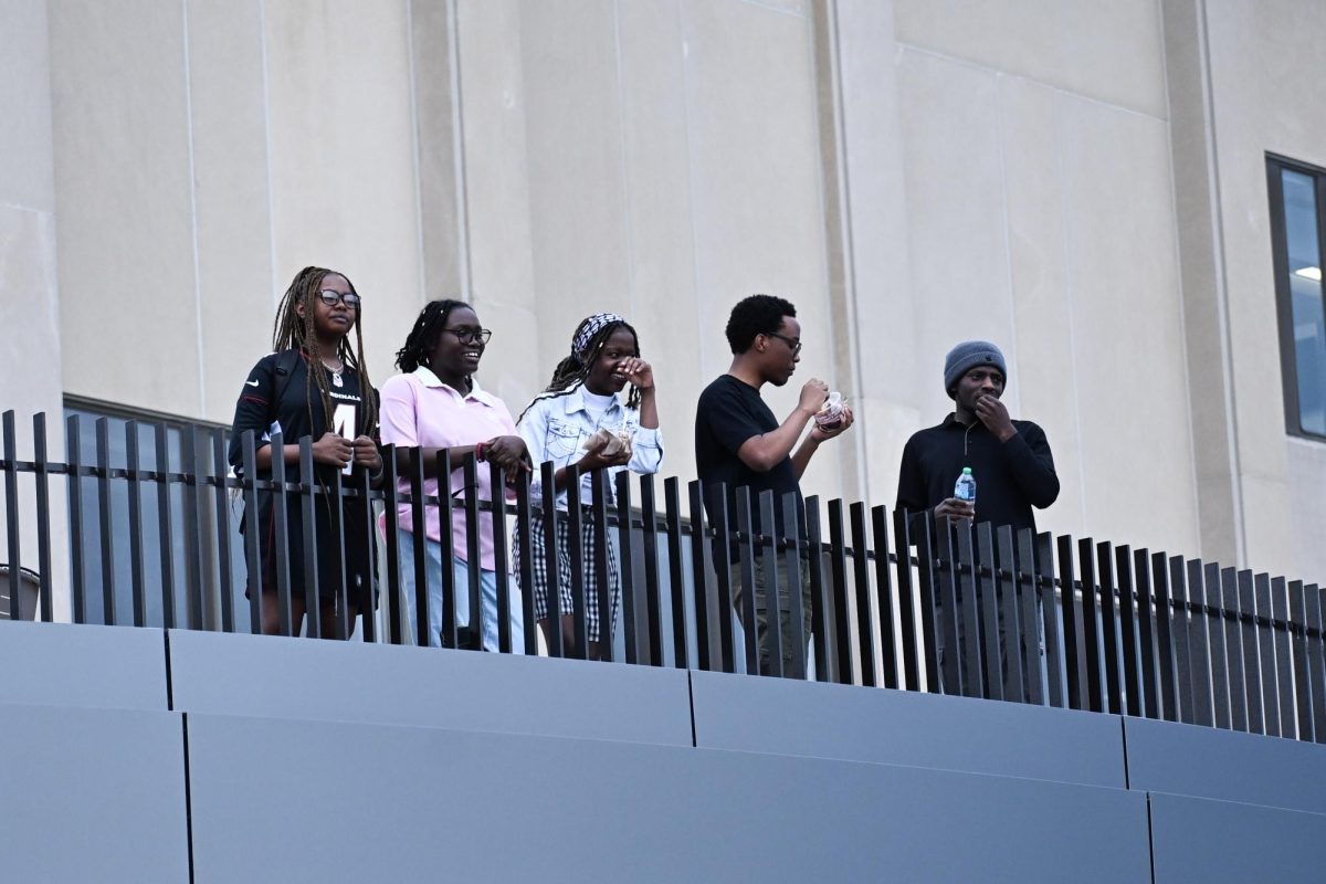 People stand at the edge of a balcony. 