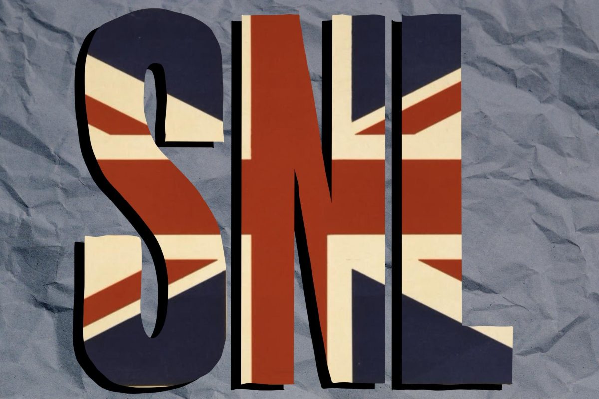 Letters S, N, L in block letters with the Union Jack flag with a blue crumpled background