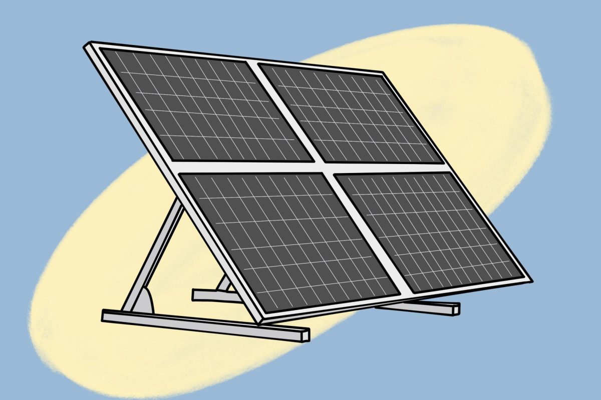 A solar panel is depicted with a yellow spotlight on it against a light blue background.