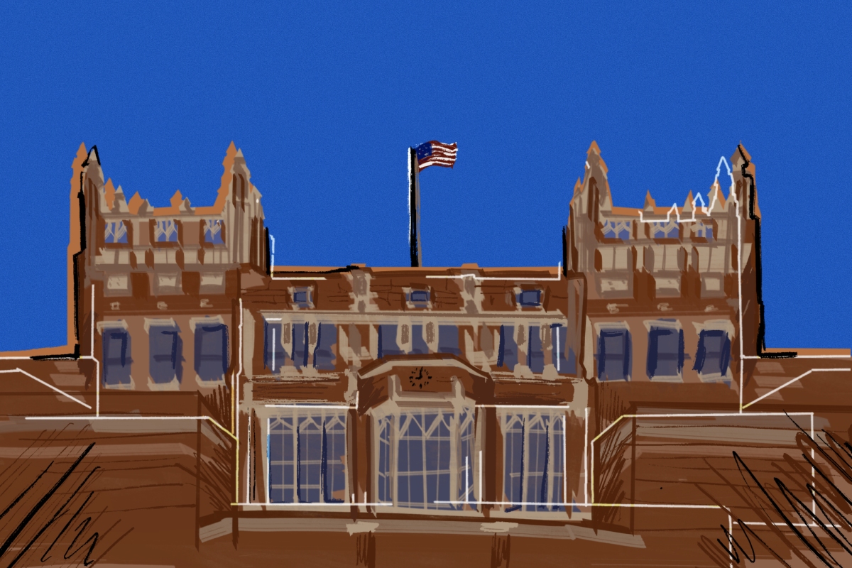 An illustration of Evanston Township High School’s facade with the American flag rising above the building.