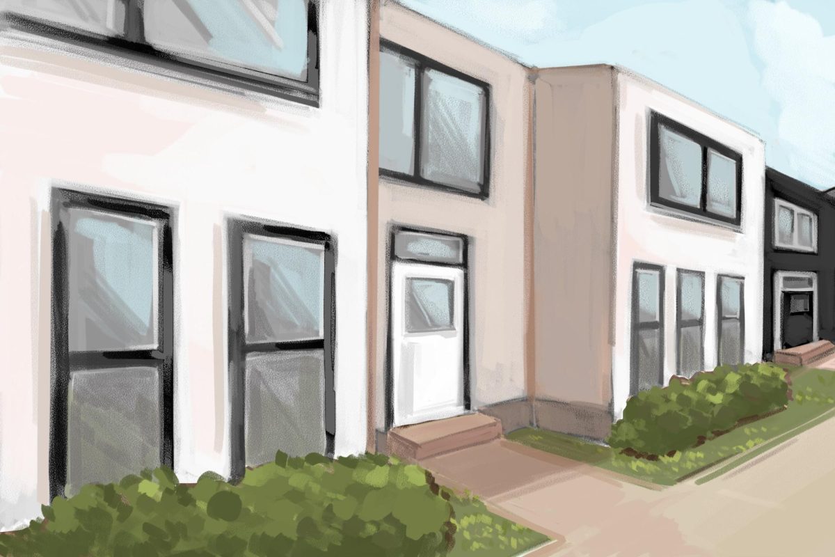 An illustration of a few townhomes.
