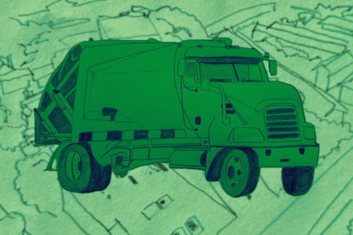 Penciled drawing of green garbage truck with 5th Ward in the background.