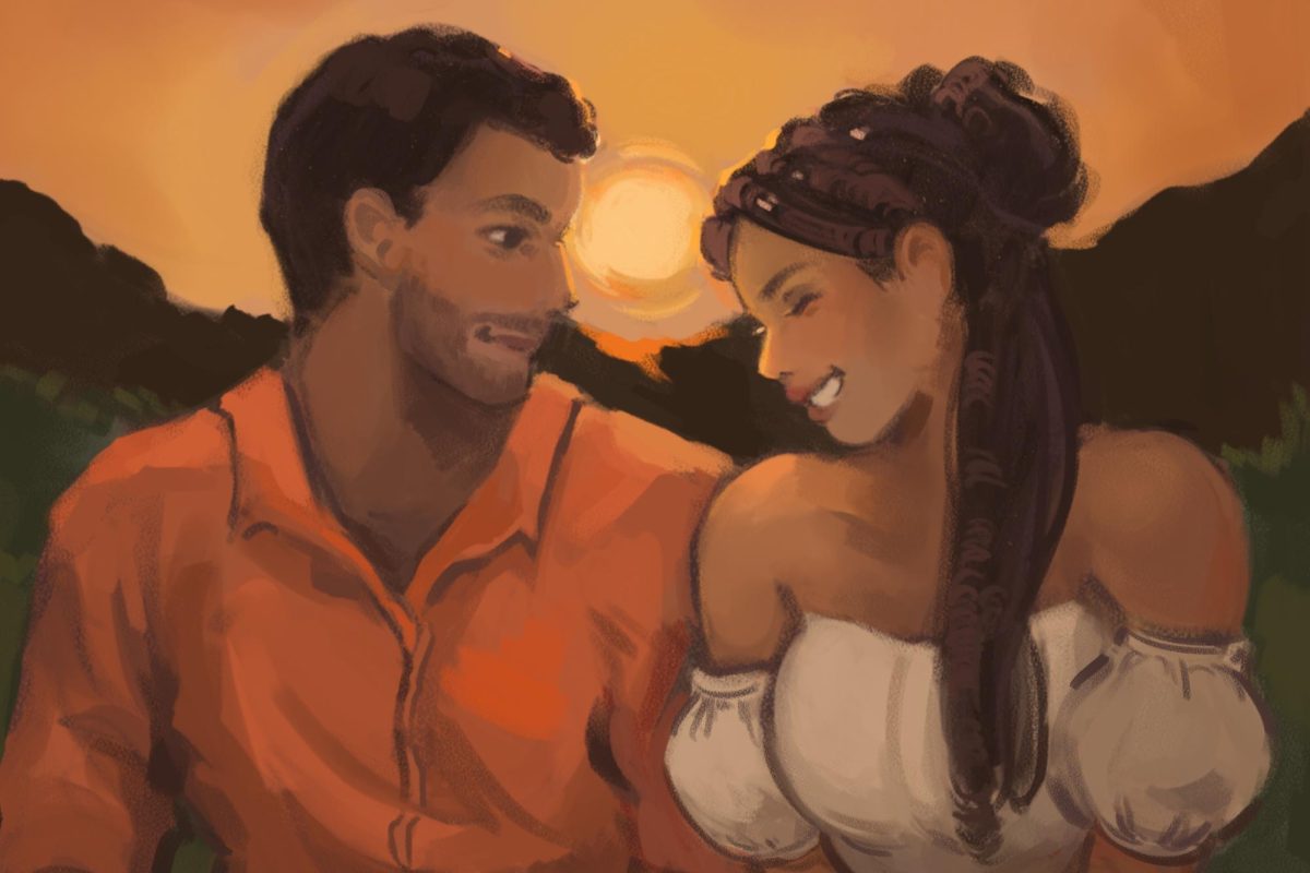 Two people looking into each other’s eyes in front of a Tuscan sunset.