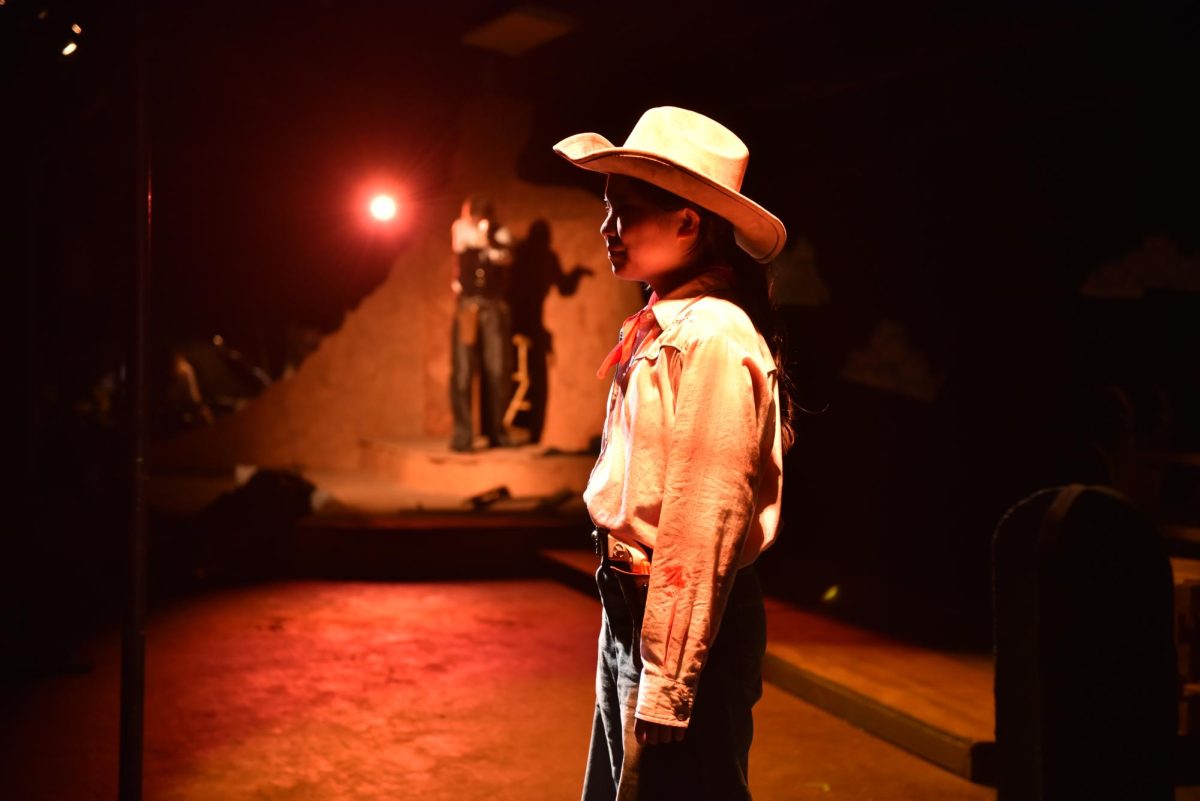 An actor in a cowboy hat stands under an orange light on stage.