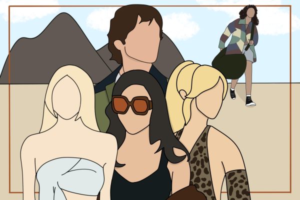 An illustration of five people over a background of mountains and clouds.