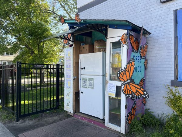 A fridge with a wooden pantry structure built around it outside.