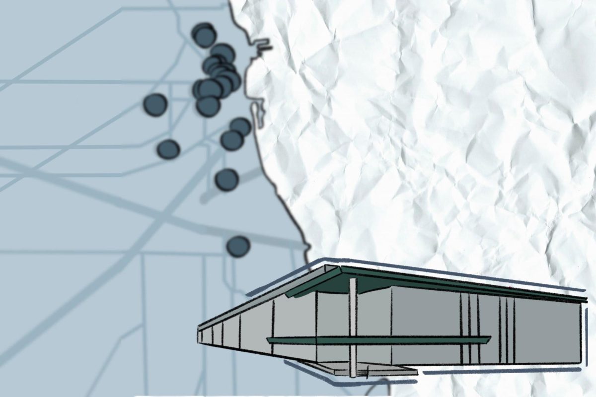 An illustration of a building against an Illinois map.