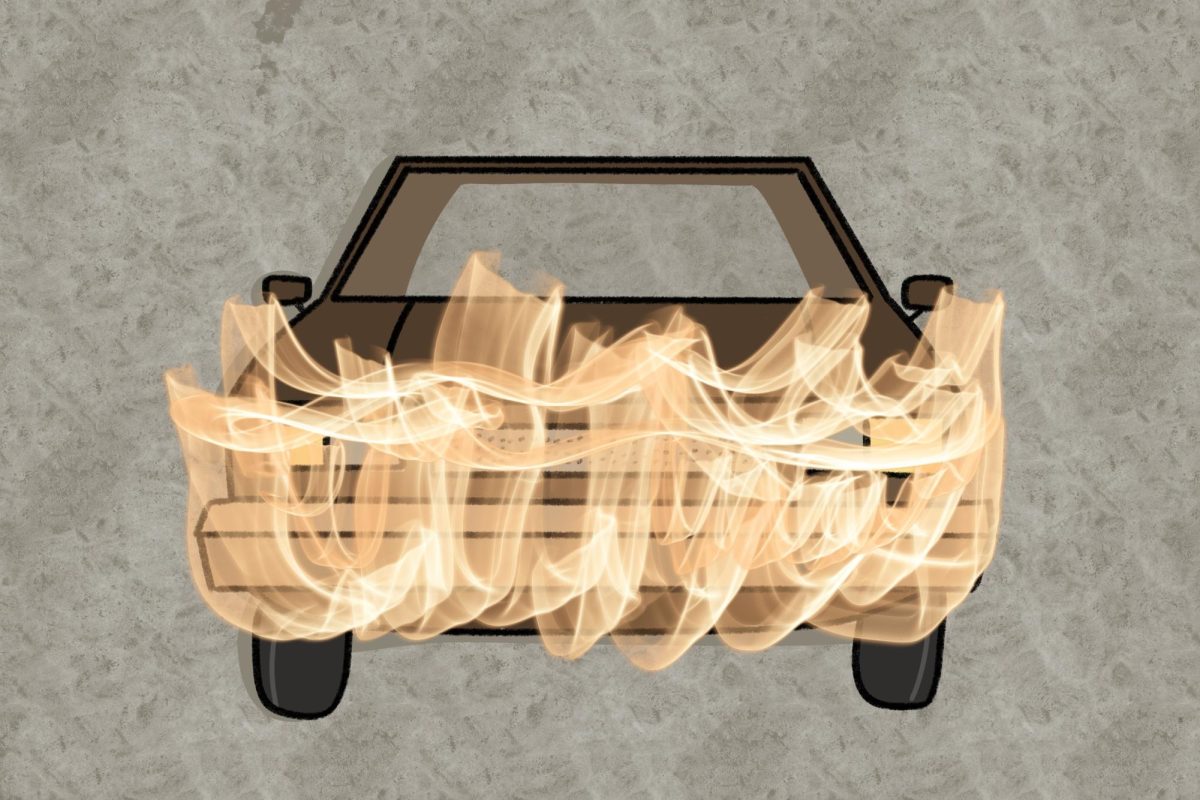 An illustration of a car in flames.