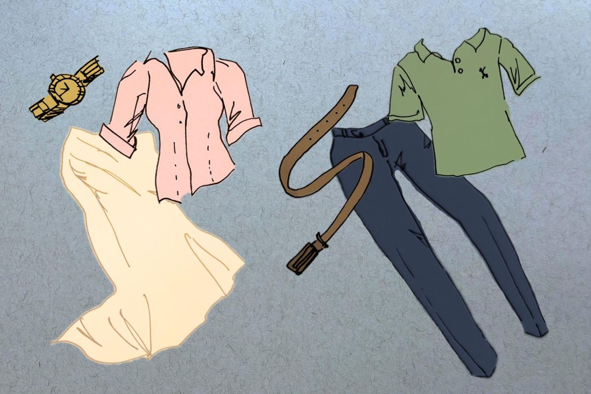 An illustration depicts business casual clothes, including shirts, a skirt, a belt, a watch and slacks.