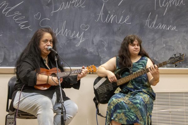 One performer sings into a microphone and plays ukulele as another performer plays guitar.