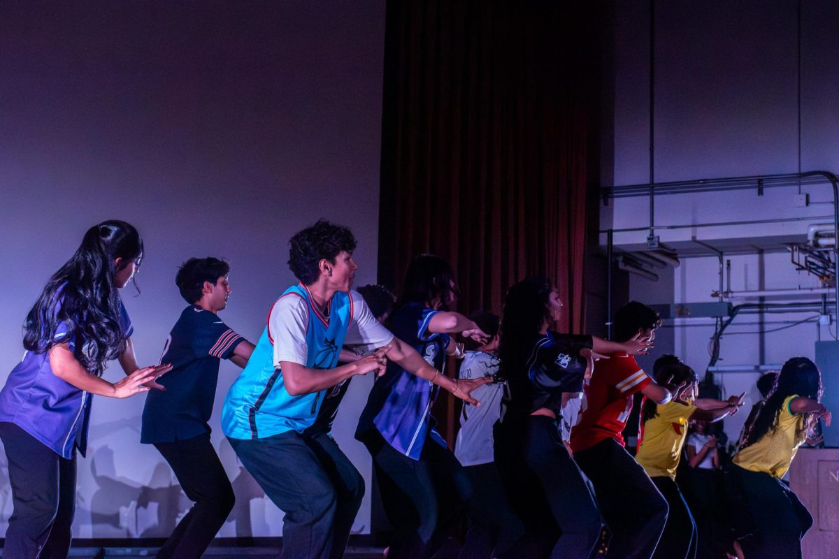 Group of dancers performing a synchronized dance on stage.
