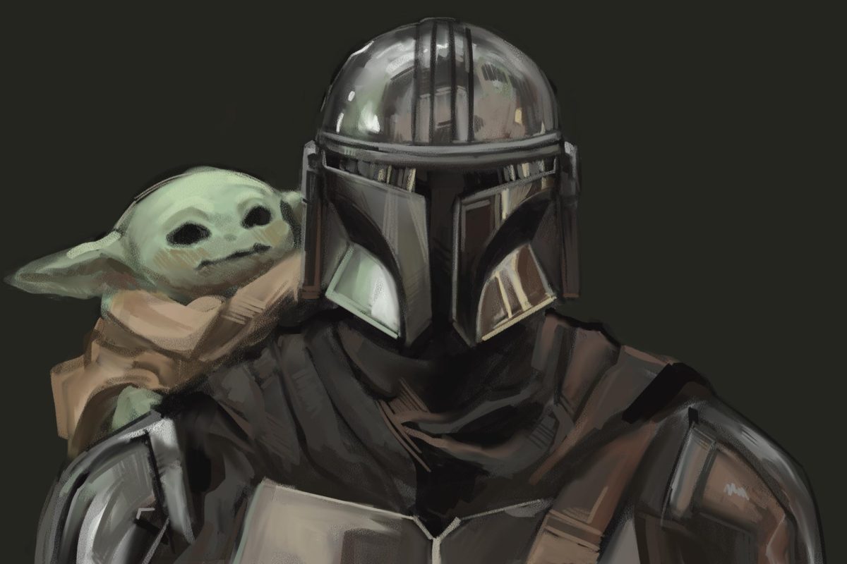 The Mandalorian with Grogu perched on his shoulder