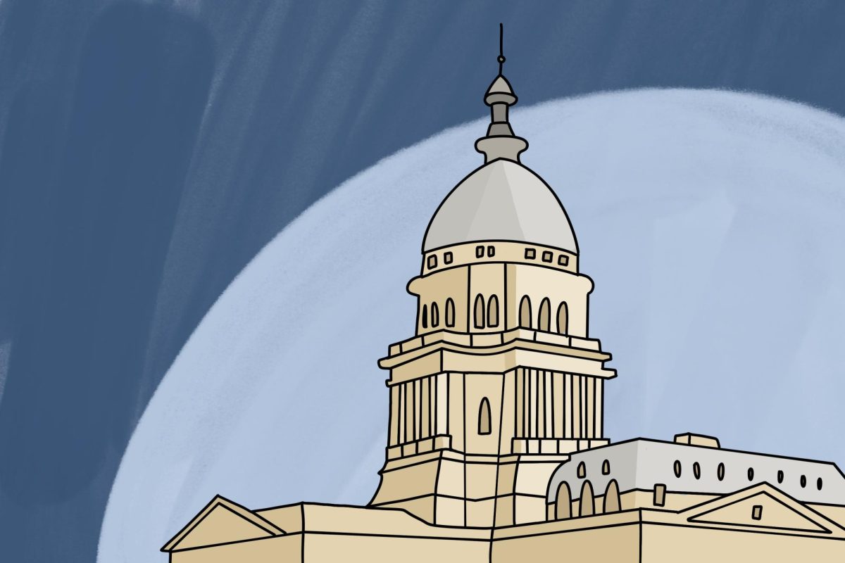 An illustration of a building with a blue background.