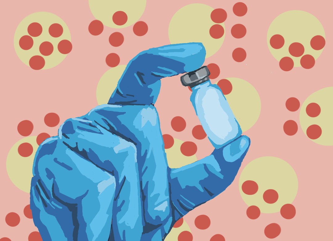 A gloved hand holds a small vial against a pink background with yellow and smaller red circles.