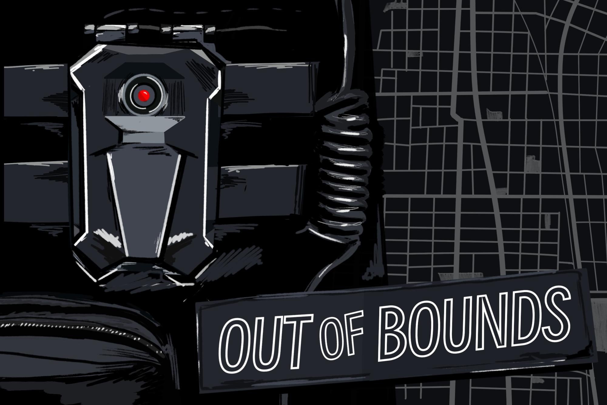 Animated illustration of a body camera on a black chestplate, with a red light continuously blinking
