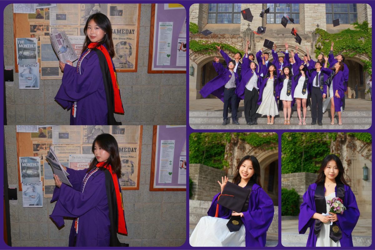 A graduation photos collage with both individual photos, alongside a group photo of graduates in purple gowns throwing their caps in the air outside of Deering Library.