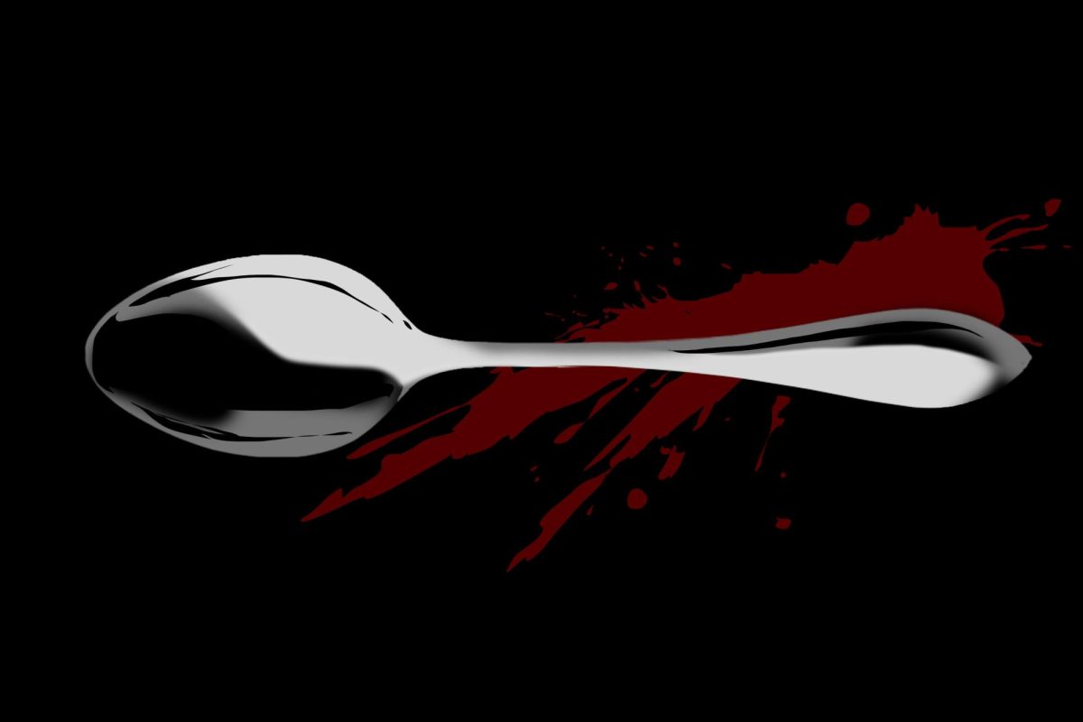 An illustration of a silver spoon with a red blood splatter on a black background.
