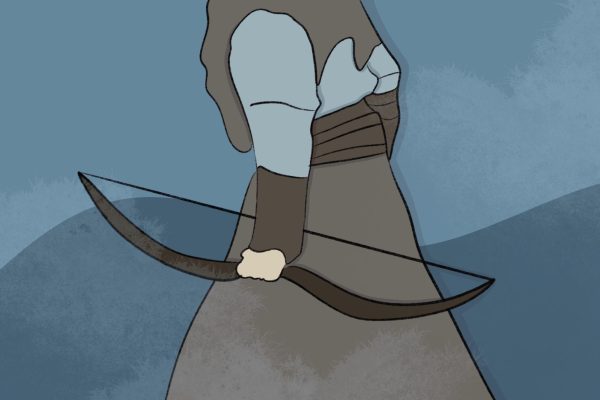 Robin Hood stands facing away, holding his bow and arrow.