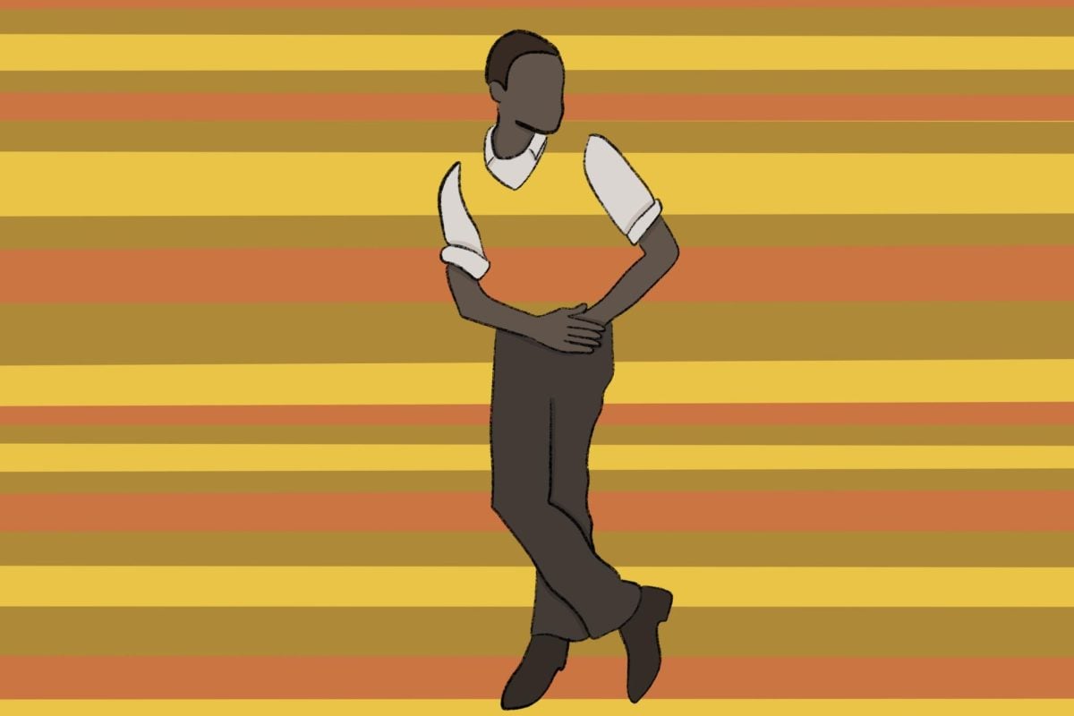 An illustration of a person standing in front of a striped background.