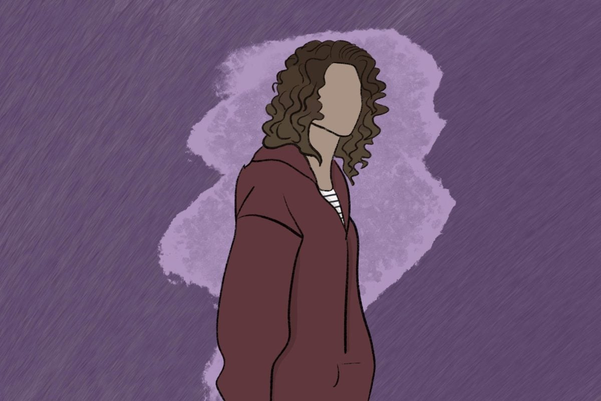 A person in front of a purple background