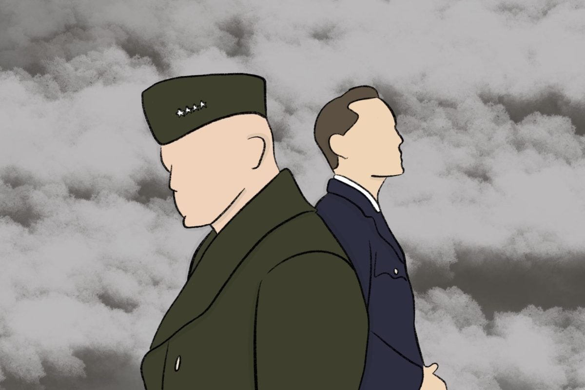 An illustration of two people standing in front of a cloudy background.