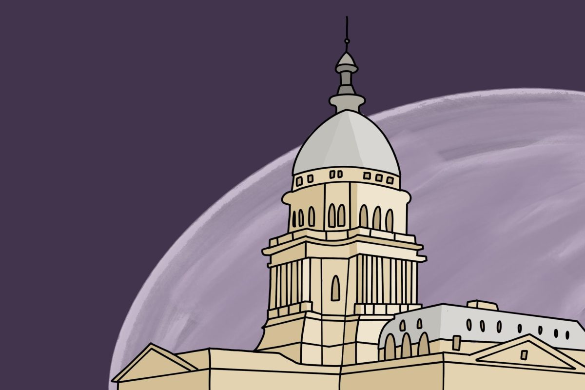 The Illinois state capitol building is drawn against a purple background.