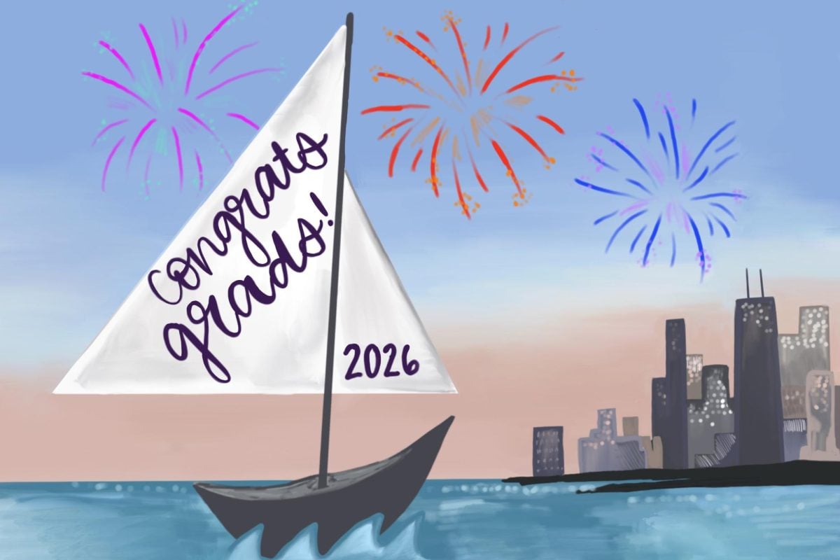 A sailboat on a lake in front of a sunset with fireworks and the Chicago skyline in the background.