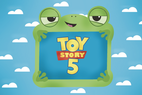 A green frog with the words “Toy Story 5” in its middle against a blue background with clouds.