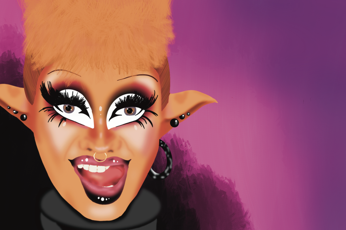An illustration of drag queen posing for a promo photo.