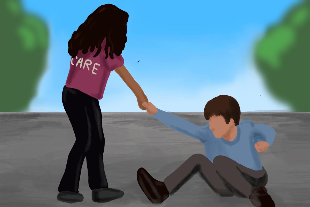 A person helping someone else to stand up.