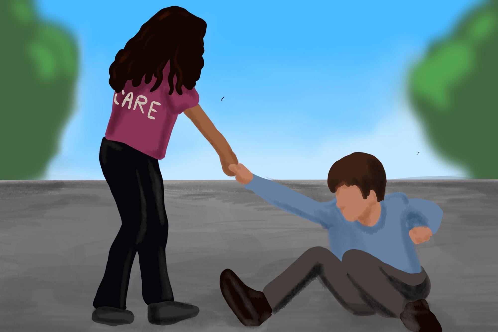 A person helping someone else to stand up.