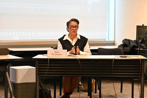 A person wearing a white button down beneath a black vest speaks while sitting behind a table