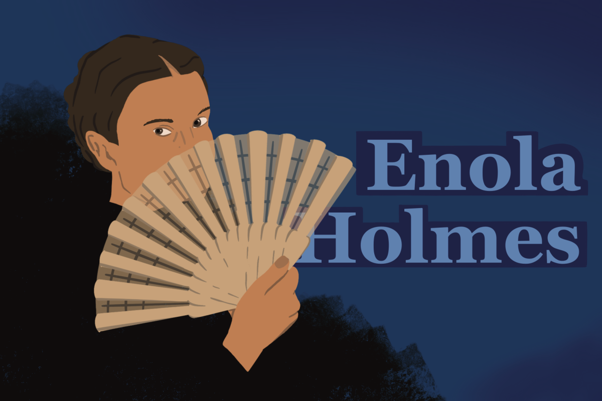 A person holds a fan on a blue background with the words “Enola Holmes”