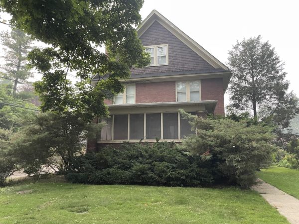 A brown house with a green backyard stands in front of a cloudy sky.