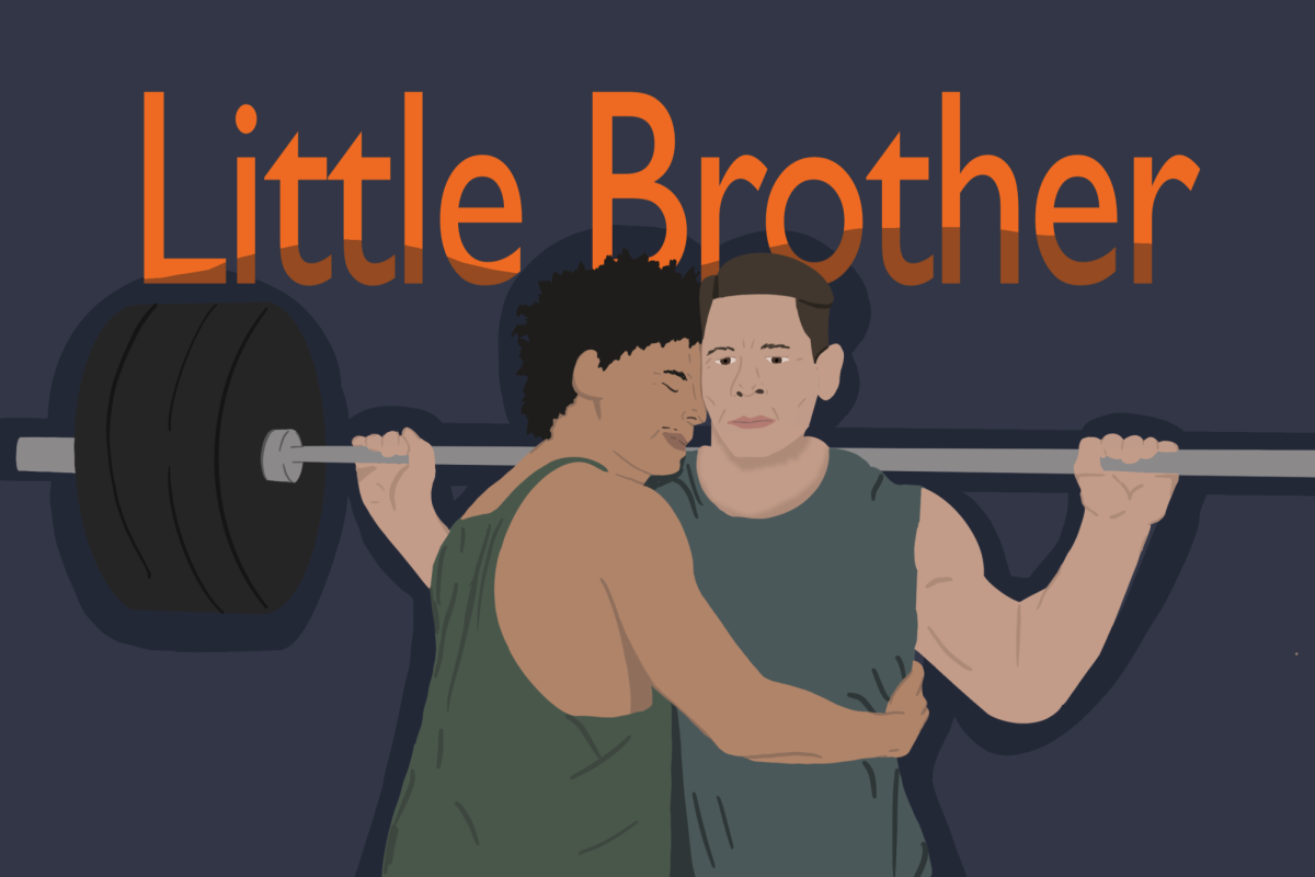 An illustration of a person hugging another person lifting weights