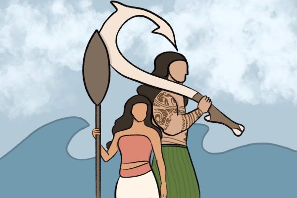 An illustration of two people against a blue background depicting the ocean and sky.