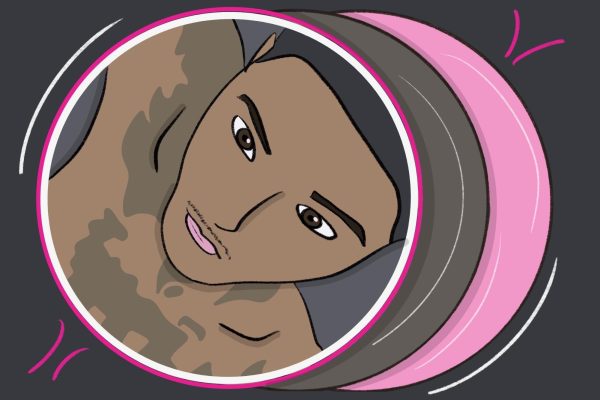 A person’s face in a pink circle