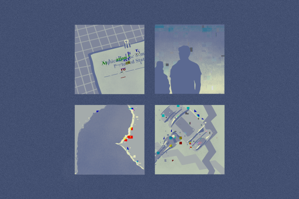Four blocks of images showing a piece of paper, people’s silhouettes and a gavel.