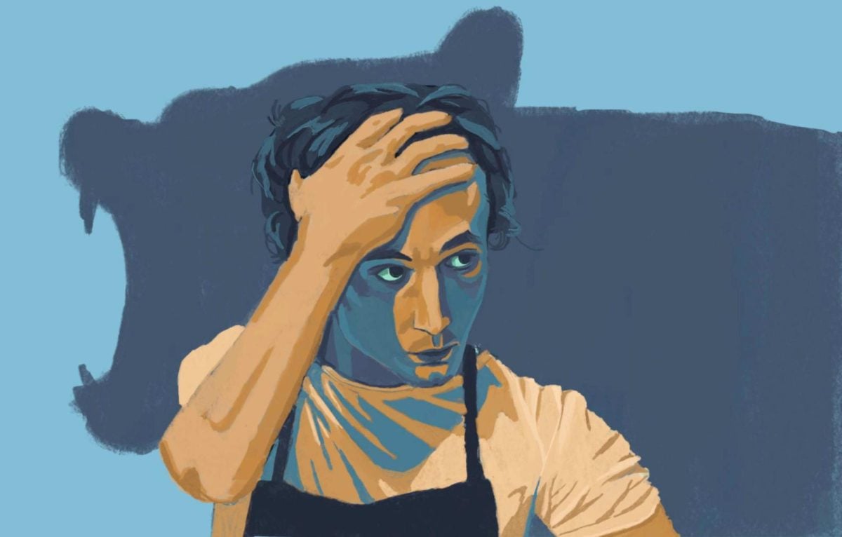 An orange and blue illustration of a person wearing an apron in front of a silhouette of a bear.